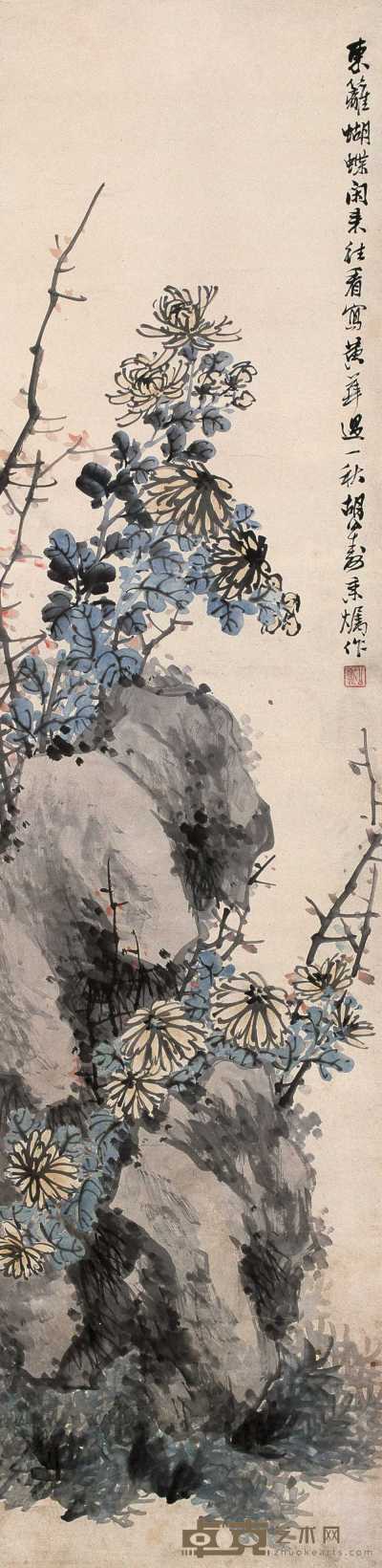 胡公寿 菊石图 立轴 136×33cm